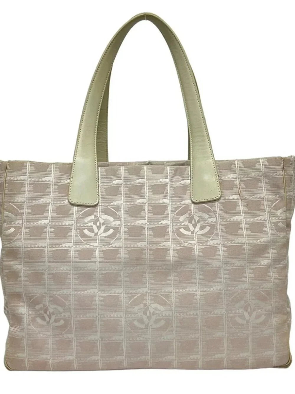CHANEL New Travel Line Tote MM Light Pink Cream Jacquard Leather Tote Bag